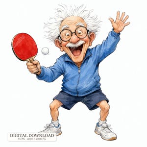 Puede incluir: Una ilustración de dibujos animados de una persona mayor con pelo blanco alborotado y gafas redondas, vistiendo una chaqueta azul con cremallera y pantalones cortos oscuros, sosteniendo una pala de ping-pong roja con una pelota blanca. Texto: DIGITAL DOWNLOAD 8 JPG 4096 x 4096 PX.