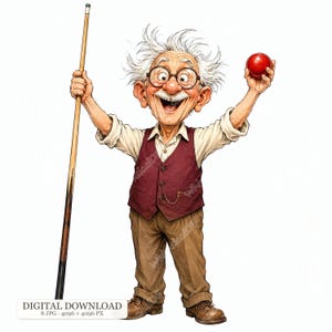 Puede incluir: Una ilustración de dibujos animados de una persona mayor con pelo blanco alborotado y gafas redondas, vistiendo una camisa blanca, un chaleco granate y pantalones marrones. Sostiene un taco de billar de madera y una bola de billar roja.