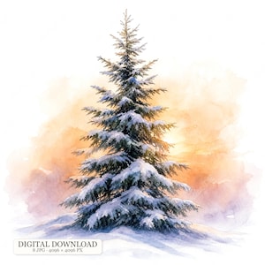Könnte beinhalten: Eine Aquarellillustration eines einzelnen immergrünen Baumes, der mit weißem Schnee bedeckt ist. Der Baum steht vor einem weichen Hintergrund in warmen Orange- und Violetttönen. Unten steht der Text DIGITAL DOWNLOAD 8 JPG 4096 x 4096 PX.