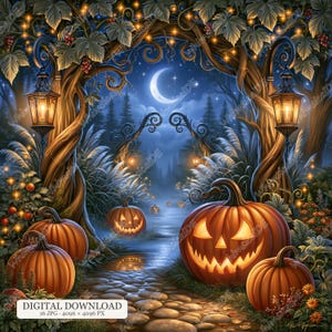 16 JPG Midnight Pumpkin Garden, Enchanted Halloween Forest, Glowing Jack O Lanterns, Fantasy Moonlit Scenes, Junk Journal Pages