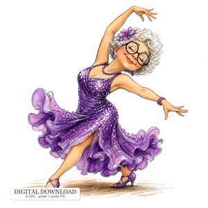 Puede incluir: Una ilustración digital de una persona mayor con cabello gris rizado y gafas redondas, vistiendo un vestido de lentejuelas morado brillante con falda de volantes, un accesorio de flor morada en el pelo y zapatos de baile de tacón a juego.