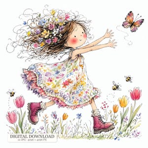 Könnte beinhalten: Eine digitale Illustration eines Kindes mit braunem Haar, das mit bunten Blumen geschmückt ist, ein Blumenkleid und rosa Schnürstiefel trägt und durch ein Tulpenfeld auf einen Schmetterling zuläuft. Zwei Bienen fliegen in der Nähe. Text: DIGITAL DOWNLOAD.