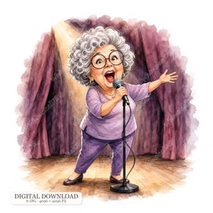 Può includere: Un'illustrazione ad acquerello di una persona anziana con capelli grigi ricci e occhiali tondi, che indossa un top a maniche lunghe viola chiaro e pantaloni abbinati, mentre canta in un microfono su un palco con tende viola.