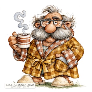 May include: A cartoon illustration of a person with a large moustache and glasses wearing a yellow and brown chequered bathrobe and slippers, holding a steaming mug with brown and white horizontal stripes, isolated on a white background.