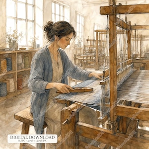 Può includere: Un'illustrazione ad acquerello di una persona con capelli scuri raccolti in uno chignon, che indossa un cardigan blu e abiti chiari, intenta a usare un grande telaio in legno con una navetta, in un laboratorio con scaffali di rocche.