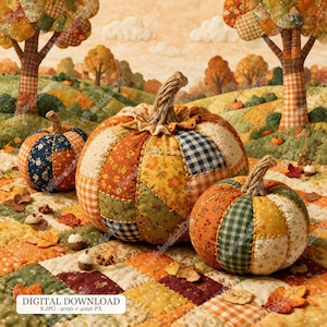 Könnte beinhalten: Drei Stoffkürbisse aus Patchwork-Quadraten mit floralen und karierten Mustern in Orange, Gelb, Grün und Blau. Jeder Kürbis hat einen Stiel aus gedrehtem Seil und steht auf einer passenden Steppdecke vor einem herbstlichen Landschaftshintergrund.