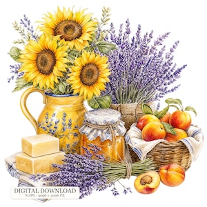 May include: A watercolor illustration featuring a yellow pitcher filled with sunflowers and lavender, a glass jar of honey, two rectangular soap bars, a woven basket of peaches, and a bundle of lavender sprigs with text reading DIGITAL DOWNLOAD.