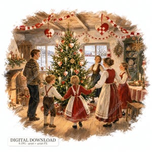 May include: A digital illustration of a family holding hands and dancing around a decorated Christmas tree in a rustic room. The scene includes a fireplace, red and white heart ornaments, and the text DIGITAL DOWNLOAD 8 JPG 4096 x 4096 PX.