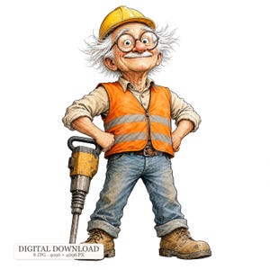 Könnte beinhalten: Ein älterer Bauarbeiter mit weißem Haar, runder Brille und gelbem Schutzhelm. Die Figur trägt ein beiges Hemd, eine orangefarbene Warnweste mit reflektierenden Streifen, eine blaue Jeans und braune Arbeitsschuhe und hält einen gelben Presslufthammer.
