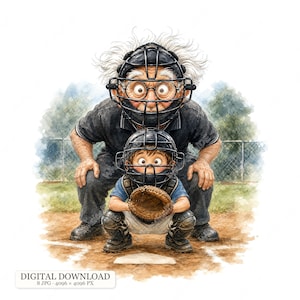 Könnte beinhalten: Eine Aquarellillustration einer älteren und einer jüngeren Person in der hockenden Position eines Baseball-Catchers. Beide tragen schwarze Gesichtsmasken, Brustschützer und Schienbeinschoner. Die ältere Person hat weißes Haar.