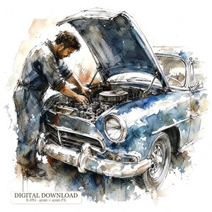 Könnte beinhalten: Eine Aquarellillustration eines Mechanikers in dunkler Arbeitskleidung, der am Motor eines alten blauen Autos mit geöffneter Motorhaube arbeitet. Das Bild zeigt Tuscheumrisse und Farbspritzer, unten steht der Text DIGITAL DOWNLOAD.