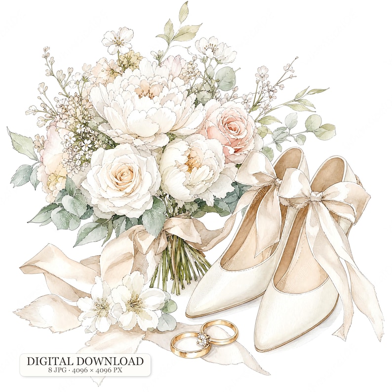 8 JPG Wedding Clipart, Bridal Bouquet Rings and Cake Watercolor Details 8 JPG Wedding Clipart, Bridal Bouquet Rings and Cake Watercolor Details