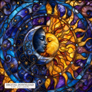 Puede incluir: Una obra de arte digital con un diseño estilo vidriera que muestra una luna creciente azul y un rostro de sol dorado de perfil, tocándose. El fondo consiste en patrones arremolinados azules y morados con pequeñas estrellas doradas.