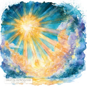 Könnte beinhalten: Eine Aquarellillustration mit einer hellgelben Sonne, die Lichtstrahlen durch blaue und orangefarbene Wolken ausstrahlt. Das Kunstwerk enthält unten den Text "DIGITAL DOWNLOAD 16 JPG 4096 x 4096 PX". Die Komposition hat eine texturierte, gemalte Optik.