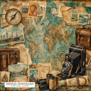 Könnte beinhalten: Eine Collage im Vintage-Stil mit einer Weltkarte als Hintergrund, einem Messingkompass, einer schwarzen Balgenkamera, einem braunen Lederkoffer, einer gerollten Pergamentkarte sowie verschiedenen antiken Postkarten und Briefmarken.