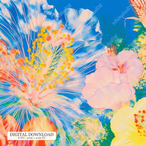 Könnte beinhalten: Eine digitale Illustration mit großen Hibiskusblüten in Rosa-, Orange- und Gelbtönen vor einem leuchtend blauen Hintergrund. Das Bild zeigt markante Staubgefäße mit gelbem Pollen und den Text DIGITAL DOWNLOAD 8 JPG 4096 x 4096 PX.