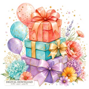 May include: A stack of three square gift boxes in coral, teal, and purple, each wrapped with a large satin ribbon bow. The scene includes pink, blue, and purple balloons, assorted colorful flowers, and gold confetti accents.