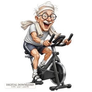 Op de afbeelding: Een cartoonillustratie van een ouder persoon met wit haar, een ronde bril, een hoofdband en een handdoek om de nek op een zwarte hometrainer. De persoon draagt een grijs t-shirt, een donkere korte broek en witte sportschoenen.