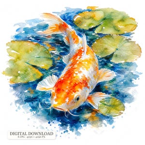 Può includere: Un'illustrazione ad acquerello di un pesce koi bianco e arancione che nuota in acqua blu tra ninfee verdi. L'immagine include il testo DIGITAL DOWNLOAD 8 JPG 4096 x 4096 PX in basso.