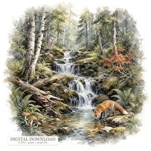 May include: A watercolour illustration of a forest scene featuring a cascading waterfall, a fox drinking from a stream, mossy rocks, ferns, birch trees, and mushrooms. The image includes text that reads DIGITAL DOWNLOAD 8 JPG 4096 x 4096 PX.