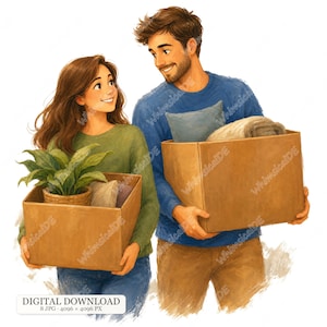 May include: A digital illustration of two people carrying cardboard boxes. One person wears a green sweater and blue jeans, holding a box with a green plant. The other wears a blue sweater and brown pants, holding a box with a pillow and blanket.