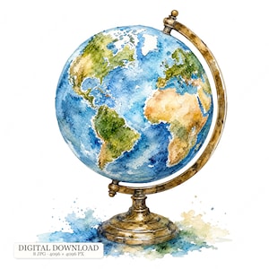 May include: A watercolour illustration of a globe featuring blue oceans and green and tan landmasses. The sphere is mounted on a metallic bronze-coloured stand with a circular base. The text DIGITAL DOWNLOAD 8 JPG 4096 x 4096 PX is visible.