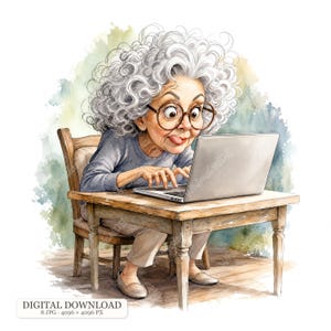 8 JPG Funny Coding Grandma Clipart, Curly Gray Hair Granny With Laptop, Programmer Grandmother, Computer Humor Illustrations