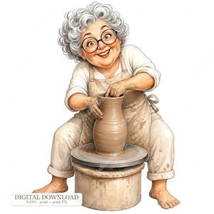 May include: An illustration of a person with curly gray hair and round black glasses wearing a white shirt and a beige apron covered in clay splatters. The person is barefoot and shaping a tall brown clay vase on a pottery wheel base.