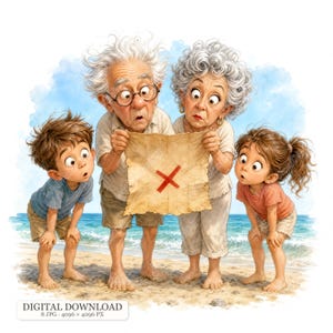 May include: An illustration of two older adults and two children standing on a beach, looking at a weathered map with a red X. The older adult on the left wears glasses and a light shirt, while the older adult on the right has curly gray hair.
