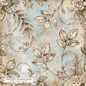 Könnte beinhalten: Ein digitales Download-Muster mit einem sich wiederholenden botanischen Design aus braun skizzierten Rosen und Blättern auf einem strukturierten, hellblauen und beigen Hintergrund. Das Bild enthält den Text DIGITAL DOWNLOAD 8 JPG 4096 x 4096 PX.