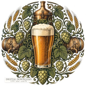 Puede incluir: Una ilustración gráfica circular que presenta un vaso central de cerveza dorada con espuma blanca, flanqueado por dos barriles de madera con grifos. El diseño está rodeado de conos de lúpulo verdes, hojas oscuras y tallos de trigo dorado.