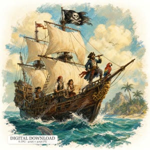 May include: A digital illustration of a wooden pirate ship sailing on blue ocean waves. The ship features white sails, a black skull and crossbones flag, and a crew on deck. A colorful parrot sits on the bow, and a dolphin swims nearby.