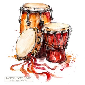 May include: A watercolor illustration featuring a tall tan conga drum, a smaller red djembe drum, and a round tambourine with long red ribbons attached. The artwork includes paint splatters and the text DIGITAL DOWNLOAD 8 JPG 4096 x 4096 PX.
