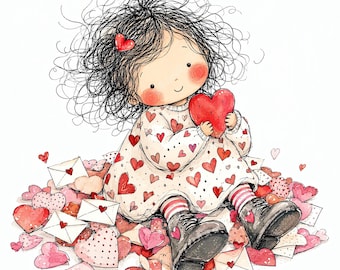 12 JPG Doodle Valentine Sweets Clipart, Dziewczyna z sercami, Listy miłosne i balony, Różowo-czerwona akwarelowa ilustracja szkicowa, Urocze dzieci