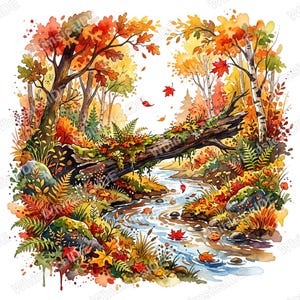 Könnte beinhalten: Aquarellmalerei einer Herbstwaldszene. Das Kunstwerk zeigt einen Bach, der durch einen Wald mit Bäumen in Rot-, Orange- und Gelbtönen fließt. Gefallene Blätter und ein gefallener Baumstamm tragen zur herbstlichen Atmosphäre bei.