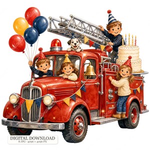 Könnte beinhalten: Ein rotes Feuerwehrauto, geschmückt mit bunten Wimpeln und Luftballons, mit drei Kindern in Partyhüten, einem Dalmatiner und einer mehrstöckigen Geburtstagstorte mit Kerzen. Der Text DIGITAL DOWNLOAD 8 JPG 4096 x 4096 PX steht unten.