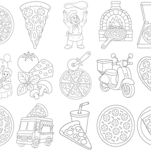 Könnte beinhalten: Eine Sammlung von schwarz-weißen Strichzeichnungen mit pizza-thematischen Elementen, darunter ganze Pizzen, Stücke, ein Pizzabäcker beim Teigwerfen, ein Steinofen, ein Lieferroller, ein Imbisswagen, Zutaten wie Tomaten und Pilze sowie ein Getränk.