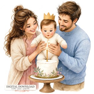Könnte beinhalten: Eine digitale Illustration einer Familie mit einem Baby, das eine goldene Krone trägt und hinter einer weißen Geburtstagstorte mit einer brennenden Kerze auf einem Holzständer sitzt. Die Eltern tragen eine beigefarbene Strickjacke und einen hellblauen Pullover.