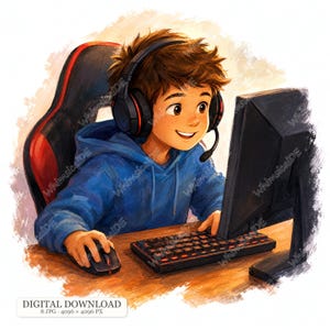 Könnte beinhalten: Eine digitale Illustration einer Person in einem blauen Kapuzenpullover und schwarzen Kopfhörern mit Mikrofon, die in einem schwarz-roten Gaming-Stuhl sitzt. Die Person benutzt eine schwarze Computermaus und Tastatur an einem Monitor.