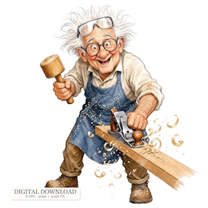May include: An elderly woodworker with wild white hair, round glasses, and safety goggles, wearing a beige shirt and blue apron. The figure holds a wooden mallet in one hand and uses a metal hand plane on a wooden board, surrounded by wood shavings.