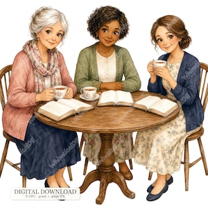 May include: Three individuals sit at a round wooden table, each with an open book and a teacup. The left figure wears a pink cardigan and floral scarf, the center wears a green cardigan, and the right wears a blue cardigan over a floral dress.