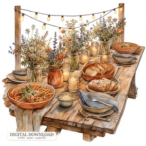 8 JPG Wedding Rehearsal Dinner Clipart, Rustic String Light Table Settings, Wildflower Mason Jar Centerpieces, Dinner Party Food
