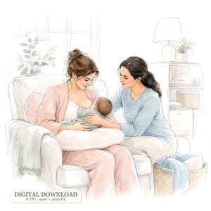 Könnte beinhalten: Eine Aquarellillustration von zwei Personen, von denen eine in einem Sessel sitzt und einen Säugling auf einem halbmondförmigen Kissen stillt, während die andere daneben sitzt. Der Text DIGITAL DOWNLOAD 8 JPG 4096 x 4096 PX steht unten.