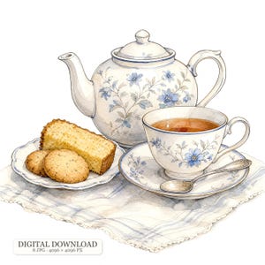 Peut inclure: Une illustration à l'aquarelle d'une théière, d'une tasse et d'une soucoupe en porcelaine blanche avec des motifs floraux bleus. Une assiette contient une tranche de gâteau jaune et deux biscuits ronds. Une cuillère en argent repose sur la soucoupe.