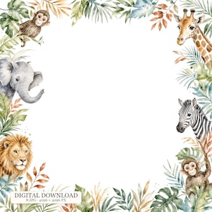 May include: A square digital frame featuring watercolour illustrations of a monkey, elephant, lion, giraffe, and zebra surrounded by green and brown tropical leaves. The text "DIGITAL DOWNLOAD 8 JPG 4096 x 4096 PX" is printed at the bottom.