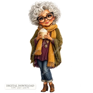 Peut inclure: Une illustration numérique d'un personnage âgé aux cheveux gris bouclés et lunettes à monture noire, portant une écharpe jaune moutarde, un poncho vert foncé, un haut violet, un jean bleu et des bottes marron, tenant une tasse avec crème.