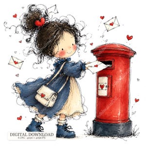 Könnte beinhalten: Eine digitale Illustration einer Person mit dunklem, lockigem Haar in einem blauen Mantel und cremefarbenem Kleid, die einen weißen Umschlag mit rotem Herz in einen roten Briefkasten wirft. Umgeben von schwebenden roten Herzen und Briefen.