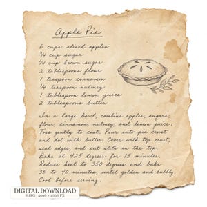 May include: A piece of aged, tan parchment paper featuring a handwritten recipe for Apple Pie. The text lists ingredients and instructions, accompanied by a black ink sketch of a whole pie and a small leafy sprig. The paper has rough, torn edges.