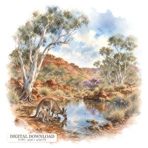 May include: A watercolour illustration of an adult kangaroo and a joey drinking from a small pond in an arid landscape. The scene features tall eucalyptus trees, red rocky hills, and sparse desert grasses under a blue sky with white clouds.