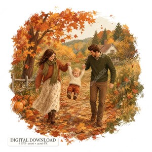 Könnte beinhalten: Eine digitale Illustration von zwei Erwachsenen, die ein kleines Kind an den Händen halten, auf einem mit Herbstlaub bedeckten Weg. Die Szene zeigt orangefarbene Ahornbäume, Kürbisse und ein Haus. Text: DIGITAL DOWNLOAD 8 JPG 4096 x 4096 PX.